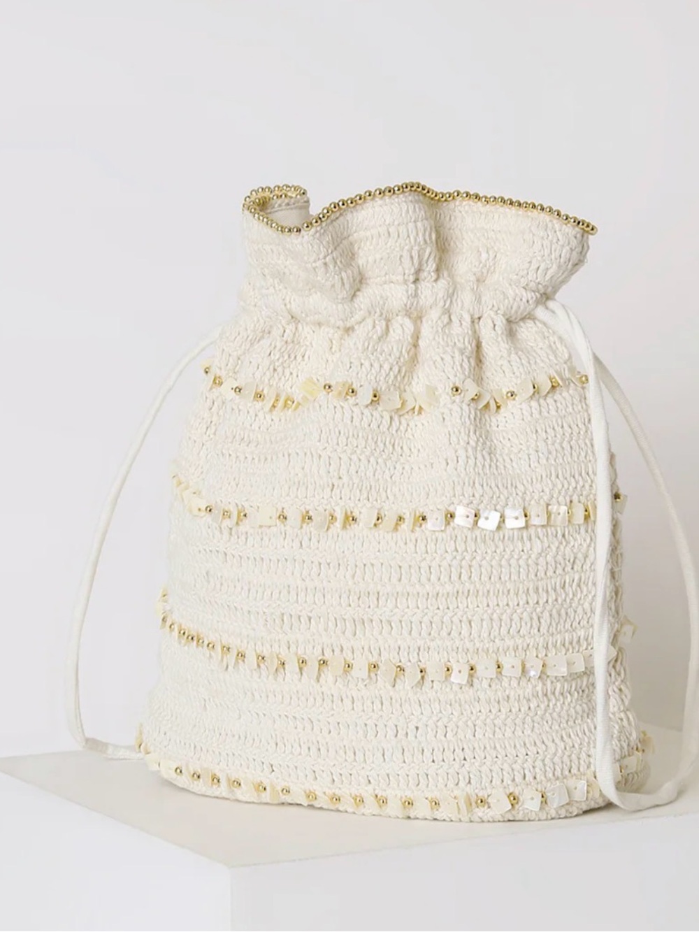 Beach Cream Beaded Bucket Bag White
